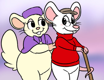 anthro biped black_outline blush bottomless buckteeth clothed clothing costume duo eyebrows eyewear flat_cap fur glasses hat headgear headwear male male/male outline pink_nose pink_tail raised_inner_eyebrows simple_background tail teeth white_body white_fur yellow_body yellow_fur nishi_oxnard disney the_rescuers_(disney) bernard_(the_rescuers) miss_bianca_(the_rescuers) oxynard rex_(mouse) cricetid hamster house_mouse mammal mouse murid murine rodent digital_media_(artwork) portrait three-quarter_portrait