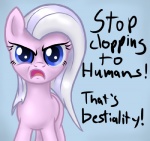 blue_eyes female hair looking_at_viewer pink_body solo text white_hair arrkhal hasbro my_little_pony fan_character earth_pony equid equine horse mammal pony 2012 english_text reaction_image