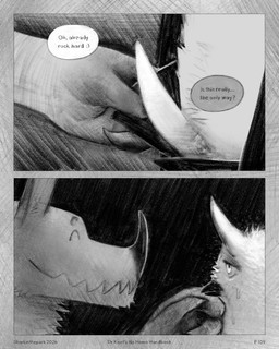 anthro beak bodily_fluids border dialogue duo genitals holding_chin male opening_pants penis saliva smile speech_bubble tapering_penis text sharkinthepark all_mighty_lord_(sharkinthepark) avian bat bird mammal owl 2026 4:5 absurd_res comic english_text greyscale hi_res monochrome