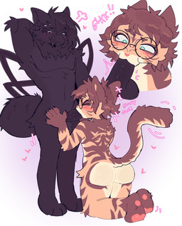 anthro arthropod_abdomen balls big_butt black_body black_fur blowjob_face blush blush_lines bodily_fluids brown_body brown_fur butt duo eyewear feet fellatio fur fur_markings genitals glasses hair hand_on_hip heart_symbol kneeling kneeling_oral_position male male/male markings motion_lines multi_eye multi_limb multicolored_body multicolored_fur onomatopoeia oral paws penile penis saliva saliva_on_penis sex sound_effects standing striped_body striped_fur stripes tail text catgenderzz apa_(apakingg) tana_(2ktanacious) arachnid arthropod domestic_cat felid feline felis mammal mygalomorph spider tarantula absurd_res hi_res