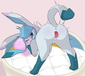 anus ass_up blue_body blue_fur blush bodily_fluids butt dog_bed female feral fur genitals humanoid_genitalia humanoid_genitalia_on_feral humanoid_vulva humanoid_vulva_on_feral pet_bed raised_tail solo sweat tail tears vulva oshiri_hakase nintendo pokemon canid canine eeveelution generation_4_pokemon glaceon mammal pokemon_(species) hi_res