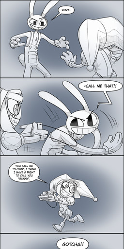 annoyed camera clothed clothing duo faceplant female hat headgear headwear holding_another jester leg_grab male overalls photo running selfie smile standing text absolutedream glitch_productions the_amazing_digital_circus jax_(tadc) pomni_(tadc) human lagomorph leporid mammal rabbit absurd_res comic english_text hi_res long_image tall_image