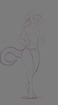 3_toes 4_fingers anthro briefs clothing curled_horn digitigrade featureless_chest feet fingers grey_background hair horn long_ears looking_up male navel open_mouth raised_arms short_hair simple_background solo standing teeth toes underwear koluarts kolu_(koluthings) kobold scalie hi_res sketch