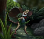 detailed_background forest loose_feather melee_weapon outside plant solo standing sword tree weapon astralynx moss_(game) quill_(moss) mammal mouse murid murine rodent absurd_res hi_res