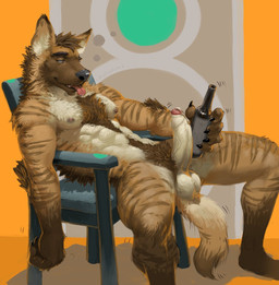 abstract_background anthro balls biped blue_eyes bodily_fluids body_hair bottle brown_body brown_fur chair chest_hair container drunk erection foreskin fur furniture genital_fluids genitals humanoid_genitalia humanoid_penis looking_at_viewer male muscular muscular_anthro muscular_male nipples nude partially_retracted_foreskin penis precum pubes sitting solo substance_intoxication tongue tongue_out white_balls pockyrumz hyena mammal striped_hyena