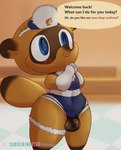 anthro armwear balls blush brown_body clothed clothing dialogue elbow_gloves flaccid genitals gloves handwear hat headgear headwear inside jockstrap looking_up maid_uniform male penis skimpy smile solo speech_bubble standing text thick_thighs tight_clothing underwear uniform wide_hips young young_male tito-tonton animal_crossing nintendo tommy_nook canid canine mammal raccoon_dog tanuki absurd_res english_text hi_res