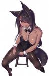 black_body black_fur black_hair bodily_fluids bow_(feature) bow_tie breasts brown_body brown_skin bunny_costume cleavage clothed clothing costume cute_fangs fangs female fluffy fluffy_tail fur furniture hair hair_over_eye long_hair looking_at_viewer nipples one_breast_out one_eye_obstructed open_mouth simple_background sitting solo steam stool sweat tail teeth white_background acechan_f animal_humanoid canid canid_humanoid canine canine_humanoid humanoid mammal mammal_humanoid 2015