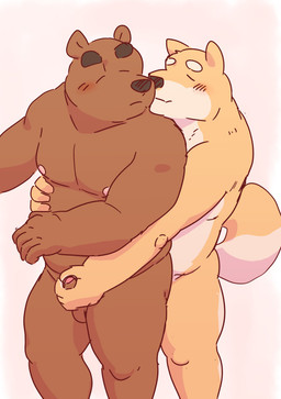 anthro balls black_nose blush brown_body duo erection eyes_closed genitals hug hugging_another hugging_from_behind humanoid_hands kemono kissing male male/male overweight overweight_male penis simple_background kick_(artist) bear canid canine canis domestic_dog mammal 2015