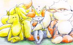 ambiguous_gender anthro blush blush_lines chest_fur eyes_closed feral flower_symbol fur group hug inner_ear_fluff open_mouth orange_body orange_fur paws striped_body striped_fur stripes tongue trio tuft yellow_body yellow_fur eiroru nintendo pokemon arcanine braixen canid canine generation_1_pokemon generation_6_pokemon mammal ninetales pokemon_(species) 2022 graphite_(artwork) hi_res traditional_media_(artwork)