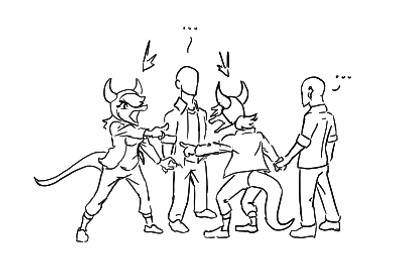 ambiguous_gender anthro bald clothed clothing featureless_face gesture group hair hand_gesture hand_holding hat headgear headwear horn humor open_mouth pointing simple_background white_background unknown_artist cavemanon_studios snoot_game anon anon_(snoot_game) schizo_chan_(snoot_game) compsognathid compsognathus dinosaur human mammal prehistoric_species reptile scalie theropod low_res monochrome