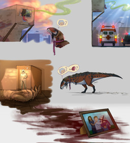 ambiguous_gender ambulance apartment apartment_building blood bodily_fluids building car claws clothing corpse crossed_out decay decomposition duo family_photo feathers female feral hazmat_suit iconography inside lonely loose_feather mostly_nude outside picture_frame police police_car police_vehicle portrait_(object) sad scales scarf scarf_only sniffing solo thought_bubble torn_clothing vehicle abigaildx1 princess_(abigaildx1) allosauroid arthropod carcharodontosaurid dinosaur human insect larva maggot mammal meraxes_(dinosaur) prehistoric_species reptile saurischian scalie theropod hi_res