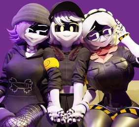beanie big_breasts breasts clothed clothing female group hair harem hat hazard_stripes headgear headwear machine male male/female purple_eyes purple_hair screen_eyes short_hair smile thick_thighs trio white_body white_hair yellow_eyes samzan glitch_productions murder_drones n_(murder_drones) uzi_(murder_drones) v_(murder_drones) android disassembly_drone humanoid robot robot_humanoid worker_drone 3d_(artwork) digital_media_(artwork) hi_res