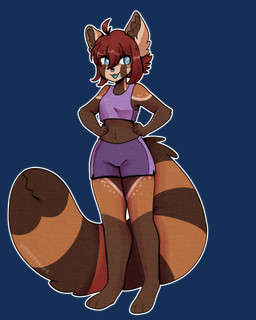 anthro barefoot blue_eyes bottomwear brown_body brown_fur clothing feet female fur hair hand_on_hip looking_aside navel purple_bottomwear purple_clothing purple_shirt purple_shorts purple_topwear red_hair shirt shorts simple_background smile solo standing tail tail_mouth topwear transparent_background unusual_anatomy unusual_tail sammychasity kuma_(sammychasity) ailurid mammal red_panda 4:5 alpha_channel digital_media_(artwork) hi_res