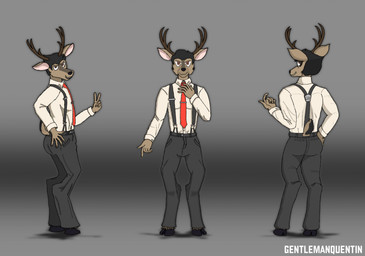 anthro antlers black_hair brown_eyes caption clothing collared_shirt dress_pants dress_shirt formal_wear gesture group hair hand_gesture hand_on_hip hooves horn looking_at_viewer looking_back male necktie rear_view scut_tail shirt short_tail simple_background slacks smile solo suspenders tail tie_clip topwear unguligrade v_sign gentlemanquentin talbot_hawthorne_(gentlemanquentin) black-tailed_deer deer mammal hi_res