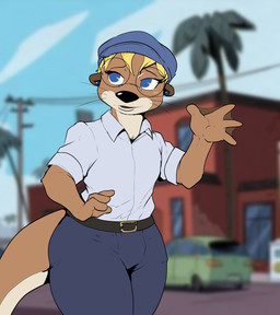 anthro belt blonde_hair blue_ear_piercing blue_eyes bottomwear brown_body brown_fur car clothed clothed_male clothing detailed_background fur gesture green_car hair hat headgear headwear male membrane_(anatomy) otter_tail outside palm_tree pants plant shirt sky solo standing topwear tree vehicle waving webbed_hands pandottermon disney ducktales ducktales_(2017) parker_(pandottermon) mammal mustelid otter hi_res