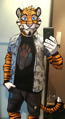 anthro black_clothing black_topwear blue_eyes bottomwear brown_bottomwear brown_clothing brown_shorts clothed clothing electronics eyewear front_view fur glasses glistening glistening_eyes head_tuft holding_object holding_phone inside looking_at_viewer male male_anthro markings orange_body orange_fur phone rectangular_glasses shorts smile solo standing striped_arms striped_legs striped_markings striped_tail stripes tail tail_markings topwear tuft whiskers white_body white_clothing white_fur white_topwear hufnaar felid mammal pantherine tiger 2017 dated draw_over hi_res portrait three-quarter_portrait