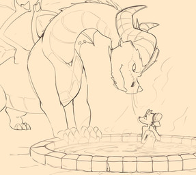 ambiguous_gender anthro bathing bathtub brush claws duo feral frill_(anatomy) fur hair holding_brush holding_object horn looking_at_another looking_down looking_down_at_another looking_up looking_up_at_another membrane_(anatomy) membranous_frill membranous_wings nervous nude partially_submerged ridged_horn scales simple_background size_difference standing steam stone_floor ventral_scales water wet wings dep mythology the_dragon_in_the_dungeon valyrym vatch canid canine dragon hybrid mammal mythological_creature mythological_scalie scalie digital_media_(artwork) hi_res