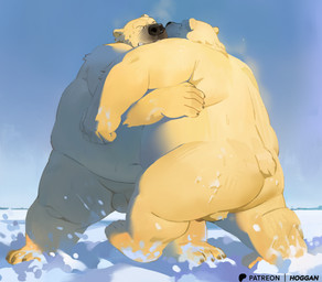anthro balls belly bodily_fluids detailed_background duo flaccid fur genitals male male/male nude nude_male outside overweight overweight_male penis snow standing sweat sweatdrop tail teeth white_body white_fur white_penis wrestling hoggan bear mammal polar_bear ursine 2025 hi_res