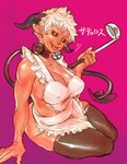 2_horns apron apron_only arm_support big_breasts black_sclera blep breasts choker cleavage clothed clothing curved_horn dark_body dark_skin eyelashes female hair head_tilt heart_symbol holding_ladle horizontal_pupils horn humanoid_pointy_ears jewelry kitchen_utensils ladle legwear looking_at_viewer necklace nipple_outline pentagram_ear_ring pink_background pointy_ears pupils short_hair side_boob simple_background sitting smile solo spade_tail spiky_hair tail text thick_thighs thigh_highs tongue tongue_out tools white_hair yellow_eyes bubububu_bbb plus-sized_elf satero_(plus-sized_elf) demon demon_humanoid horned_humanoid humanoid satyr tailed_humanoid 2019 character_name full-length_portrait hi_res portrait