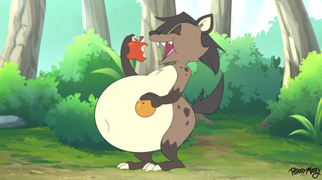 anthro apple belly big_belly black_hair brown_body brown_fur eating female food forest fruit fur hair huge_belly jungle outside overweight overweight_anthro overweight_female plant solo stuffing tree potateymatey leena_(potateymatey) hyena mammal spotted_hyena 2023 hi_res