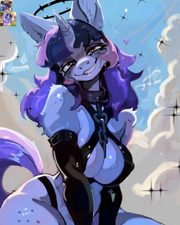 anthro anthrofied armwear big_breasts breasts chain chain_leash cleavage clothed clothing elbow_gloves eyebrows eyelashes female freckled_legs freckled_shoulders freckled_thighs freckles fur gloves hair handwear heart_symbol horn leash long_eyelashes long_hair looking_at_viewer makeup mascara nipple_outline purple_body purple_fur purple_hair purple_tail running_makeup running_mascara smile solo star_eyes tail teeth thong topwear underwear murlbius friendship_is_magic hasbro my_little_pony mythology tamers12345's_my_little_pony fan_character flawless_sparklemoon equid equine mammal mythological_creature mythological_equine unicorn 2026 4:5 hi_res reference_image