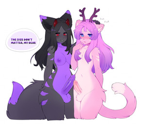 anthro antlers balls big_penis blush breasts comparing comparing_penis dialogue duo erection femboy fur genitals gynomorph gynomorph/male hair headpat horn intersex intersex/male long_hair male nipples nude penis penis_size_difference simple_background speech_bubble tail text vein veiny_penis white_background katsucoffee canid canine domestic_cat felid feline felis fox mammal 2023 english_text hi_res