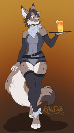 3_toes 5_fingers anthro arm_markings arm_tuft arm_warmers armwear barefoot belt beverage biped black_belt black_eyes black_whiskers blue_eyes blue_highlights bodysuit breasts brown_background brown_body brown_ear_tips brown_fur brown_hair brown_markings brown_nose brown_spots brown_tail brown_tail_tip brown_text brown_tuft cheek_tuft closed_smile clothed clothed_anthro clothed_female clothing container countershade_face countershade_fur countershade_legs countershade_neck countershade_tail countershade_torso countershading cup dark_eyebrows dark_hair dark_markings dark_spots dark_tail_tip dipstick_ears dipstick_tail ear_markings eyelashes facial_markings facial_tuft feet female female_anthro fingerless_(marking) fingers front_view fur fur_markings fur_tuft gradient_background grey_arm_warmers grey_armwear grey_bodysuit grey_clothing grey_kerchief grey_leg_warmers grey_legwear grey_leotard grey_neckerchief grey_skinsuit hair head_markings highlights_(coloring) holding_object humanoid_hands iris kerchief leg_markings leg_warmers legwear leotard long_eyelashes long_tail looking_aside markings medium_breasts mouth_closed multicolored_body multicolored_ears multicolored_eyes multicolored_fur multicolored_tail neckerchief neckwear orange_background plantigrade pupils short_hair shoulder_markings shoulder_tuft simple_background skinsuit smile snout solo spots spotted_body spotted_ears spotted_face spotted_fur spotted_legs spotted_markings spotted_shoulders spotted_tail spotted_thighs standing tail tail_markings text thigh_markings tight_clothing toeless_(marking) toes tuft two_tone_eyes walking whiskers white_body white_countershading white_fingers white_fur white_inner_ear white_pupils white_sclera white_tail white_tuft wide_hipped_anthro wide_hipped_female wide_hips yellow_background kittydee felid feline mammal 2026 artist_name dated digital_drawing_(artwork) digital_media_(artwork) full-length_portrait hi_res portrait