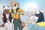 anthro bottomwear brown_body brown_fur clothed clothing creating_art fur group jacket male male/male painting_(action) painting_(object) pants question_mark topwear trio white_body white_fur tandong820 lifewonders tokyo_afterschool_summoners seth_(tas) tadatomo_(tas) canid canine canis domestic_dog jackal mammal 2023