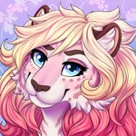 anthro blonde_hair blue_eyes cheek_tuft closed_smile facial_tuft female floral_background fur glistening glistening_eyes hair inner_ear_fluff looking_at_viewer mouth_closed multicolored_hair pink_body pink_fur pink_hair smile solo tuft two_tone_hair white_body white_fur white_inner_ear_fluff tiggybloom marzipan_(spottedtigress) felid mammal pantherine tiger 1:1 2018 hi_res