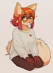 anthro blep blush bottomwear breasts brown_body brown_fur clothed clothing eyewear female female_anthro fur glasses grey_background hair inner_ear_fluff kemono kneeling looking_at_viewer orange_body orange_fur orange_hair pants red_eyes red_hair round_glasses simple_background solo sweater tail tongue tongue_out topwear tuft wearing_glasses white_body white_fur yellowparrottw lang_(yellowparrottw) yellowparrottw's_wolf canid canine mammal maned_wolf 2024 digital_media_(artwork) hi_res