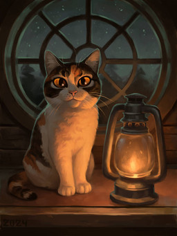 brown_markings feral fire fur inner_ear_fluff lamp lantern looking_at_viewer markings multicolored_body multicolored_fur orange_markings paws pink_nose plant sitting solo tail tree tuft whisker_spots whiskers white_body white_fur window yellow_eyes alexpahomov calico_cat domestic_cat felid feline felis mammal 2024 3:4 digital_media_(artwork) digital_painting_(artwork) painting_(artwork)