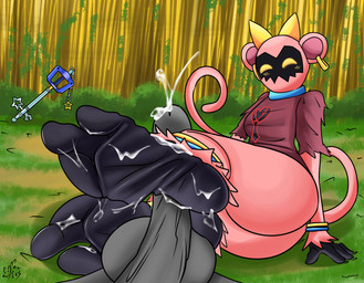 3_toes anthro black_feet black_hands blush bodily_fluids cum cum_on_feet ear_piercing ear_ring feet female foot_fetish foot_play footjob forest fur genital_fluids grass heartless_symbol humanoid_feet jungle keyblade melee_weapon monkey_tail penile piercing pink_body pink_fur plant plantigrade ring_piercing sex solo toes tree weapon wrinkled_feet wrinkles marcosos kingdom_hearts square_enix bouncywild haplorhine heartless mammal monkey primate absurd_res hi_res