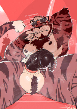 anthro armpit_hair ball_tuft balls beach_umbrella black_penis bodily_fluids body_hair eyewear eyewear_only genital_fluids genitals humanoid_genitalia humanoid_penis male muscular muscular_anthro muscular_male nude parasol penis precum solo sunglasses sunglasses_only throbbing throbbing_penis tuft whiskers exsys felid mammal pantherine tiger