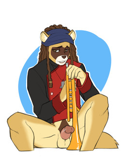 anthro balls biped bottomless brass_instrument brown_eyes brown_hair clothed clothing dreadlocks erection genitals hair humanoid_genitalia humanoid_penis jacket kerchief looking_away male marching_band musical_instrument penis sitting solo topwear trumpet wind_instrument faint canid canine mammal raccoon_dog tanuki
