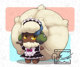 ambiguous_gender clothed clothing coffee_cup container cup dyed_fur front_view frown fully_clothed furgonomic_piercing furgonomics horn horn_piercing looking_away maid_uniform piercing plant semi-anthro solo standing uniform sunny_(artist) nintendo pokemon sunny_(sunny) elemental_creature flora_fauna generation_5_pokemon pokemon_(species) whimsicott hi_res