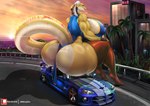 anthro areola biped breasts car clothed clothing dodge_(brand) dodge_viper dreamworks female hi_res kung_fu_panda legwear looking_at_viewer looking_back macro master_viper mrxrayfire pupils reptile scalie snake thick_thighs thigh_highs tongue tongue_out vehicle viper