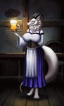 accessory alcohol anthro barmaid beer beverage big_breasts bovid_horn breasts butt caprine_horn claws clothed clothing dress female fur glowing horn looking_at_viewer markings multicolored_body ram_horn simple_background smile solo sparkles tavern white_body white_fur yellow_eyes rizonik alien mammal synx 2020 colored digital_drawing_(artwork) digital_media_(artwork) digital_painting_(artwork) full-length_portrait hi_res portrait shaded