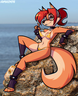 anthro arm_tuft bedroom_eyes bikini bikini_pull breasts clothing clothing_pull collar dipstick_ears ear_markings eye_bags eyebrows eyelashes eyewear facial_tuft feet female fingerless_gloves freckled_breasts freckles fur glasses gloves gold_bikini green_eyes hair handwear long_eyelashes lounging markings mole_(marking) mole_on_breast mole_under_mouth multicolored_ears narrowed_eyes navel orange_body orange_fur ponytail red_hair rock seaside seductive shoulder_tuft solo swimwear swimwear_pull tan_body tan_fur tear_trough toeless_legwear tuft two-piece_swimsuit psicoyote golden_week veronica_(psicoyote) canid canine fox mammal 2026 absurd_res hi_res