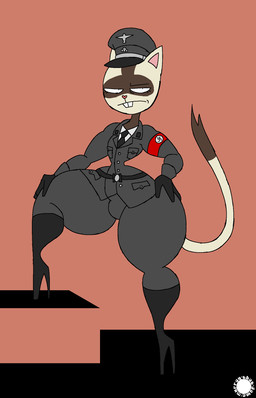 anthro belt boots buckteeth clothing countershade_face countershade_tail countershading eyelashes facial_markings femboy footwear gloves hand_on_hip handwear hat head_markings headgear headwear heart_nose heart_symbol high_heeled_boots high_heels knee_boots knee_highs legwear logo looking_at_viewer male markings mask_(marking) nazi_uniform raised_tail shoes solo swastika tail teeth text thatdawgmurray happy_tree_friends tricksy_(htf) domestic_ferret mammal mustelid musteline true_musteline weasel aliasing artist_logo artist_name digital_media_(artwork) hi_res signature