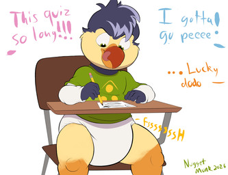 5_fingers anthro beak blue_body blue_chest blue_feather_hair blue_feathers blue_hair blue_hands blue_head blue_neck blue_pseudo_hair blue_text blue_tuft bodily_fluids chair cheek_tuft closed_smile clothed clothing concentrating concentration curved_beak desk dialogue diaper envious facial_tuft feather_hair feather_tuft feathers fingers furniture furrowed_eyebrows genital_fluids glistening glistening_eyes gradient_beak gradient_legs green_clothing green_eyes green_shirt green_t-shirt green_text green_topwear grey_body grey_chest grey_feather_hair grey_feathers grey_hair grey_hands grey_neck grey_pseudo_hair grey_tuft hair head_tuft holding_object holding_pencil humanoid_hands jealous lead_pencil logo logo_on_clothing long_sleeve_shirt looking_at_paper looking_down male mouth_closed multicolored_body multicolored_face multicolored_feathers multicolored_legs on_chair onomatopoeia orange_beak orange_legs orange_scutes orange_text pantsless pantsless_anthro pantsless_male paper peeing pencil_(object) pink_text print_clothing print_shirt print_topwear pseudo_hair psssh quiz school school_desk scuted_legs scutes shirt simple_background sitting sitting_at_desk sitting_at_table sitting_on_chair smile smirk solo sound_effects student symbol symbol_on_clothing t-shirt table text thick_diaper tongue tongue_out topwear tuft unclean_diaper urine used_diaper using_diaper wearing_diaper wet_diaper wetting wetting_diaper white_background white_clothing white_diaper white_shirt white_topwear writing_on_paper yellow_body yellow_face yellow_feathers yellow_legs yellow_scutes yellow_text young young_anthro young_male nuggetmunk chester_bright avian bird columbid dodo recently_extinct_species 2026 absurd_res artist_name colored digital_drawing_(artwork) digital_media_(artwork) hi_res