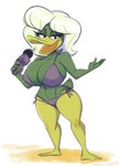 anthro beak big_breasts bikini bikini_bottom bikini_top black_eyes blonde_hair breasts cleavage clothed clothing electronics eyebrows female flippers green_body green_breasts green_tail hair holding_microphone holding_object huge_breasts lidded_eyes long_hair microphone multicolored_body nipple_outline open_beak open_mouth platinum_blonde platinum_blonde_hair purple_bikini purple_clothing purple_swimwear reporter short_tail simple_background solo standing string_bikini swimwear tail thick_thighs two-piece_swimsuit two_tone_body white_background wide_hips yellow_beak yellow_body joelasko disney ducktales ducktales_(2017) roxanne_featherly anatid anseriform avian bird duck digital_media_(artwork) full-length_portrait hi_res portrait shaded