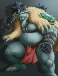 anthro belly big_belly bottomwear bulge clothing fur humanoid_hands kemono loincloth male overweight overweight_anthro overweight_male simple_background solo tusks viking_helmet weapon white_body white_fur dendoro bandai_namco digimon digimon_(species) vikemon 2021 absurd_res hi_res