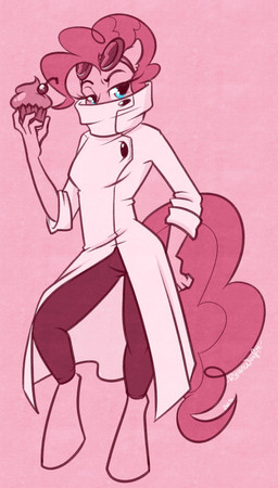 anthro anthrofied biped blue_eyes bottomwear clothing coat cupcake eyewear female food fur goggles hair lab_coat pants pink_background pink_body pink_fur pink_hair science simple_background solo standing tail topwear ryunwoofie friendship_is_magic hasbro invader_zim my_little_pony nickelodeon pinkie_pie_(mlp) professor_membrane earth_pony equid equine horse mammal pony 2013 absurd_res crossover hi_res pink_theme