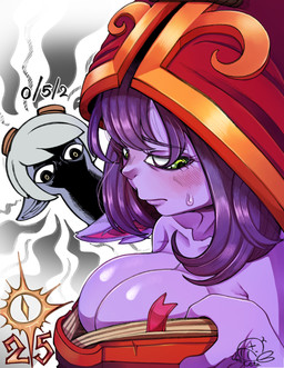 angry big_breasts big_hat blue_body blue_fur blush blush_lines bodily_fluids book breast_envy breasts clothing duo embarrassed eyelashes eyewear eyewear_on_head female fur goggles goggles_on_head green_eyes grey_hair hair hat headgear headwear huge_breasts humanoid_pointy_ears nude pointy_ears purple_hair red_clothing red_hat red_headwear short_hair simple_background sweat sweatdrop white_background jolli-ceta book_covering_breasts league_of_legends riot_games tencent lulu_(lol) tristana_(lol) humanoid yordle hi_res meme