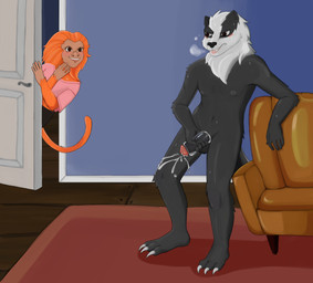 anthro bodily_fluids caught_in_the_act caught_masturbating caught_off_guard caught_while_cumming cum duo ejaculation feet female genital_fluids genitals humanoid_genitalia humanoid_penis male male/female masturbation penetrable_sex_toy penis sex_toy tail voyeur exegeticchains badger haplorhine mammal monkey mustelid musteline primate hi_res