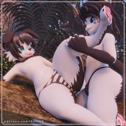 anthro athletic band-aid bandage belly black_body black_fur black_hair black_nose blep blue_eyes clothing collar duo ear_piercing ear_ring forest fur hair lake lying male male/male on_side panties paws piercing plant raised_leg ring_piercing smug_face tongue tongue_out tree underwear white_body white_fur envivr blender_cycles arflin_(species) canid canine caracal_(genus) felid feline mammal 3d_(artwork) absurd_res blender_(artwork) digital_media_(artwork) hi_res