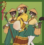 5_fingers anthro asian_conical_hat basket belly big_belly black_hair black_nose bottomwear breasts brown_body brown_fur clothed clothing container female fingers fur group hair half-identical_twins hat headgear headwear highlights_(coloring) male multicolored_body multicolored_fur navel pants pregnant pregnant_anthro pregnant_female robe skirt tan_body tan_fur teeth tongue trio white_body white_fur white_highlights zendrid doji_(zendrid) nami_(zendrid) xochitl_(zendrid) canid canine canis coyote gulonine mammal marten mustelid musteline yellow-throated_marten 2025 absurd_res hi_res signature andromorph_(lore) sibling_(lore) twins_(lore)