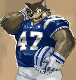 anthro belly black_nose bodily_fluids bottomwear clothing humanoid_hands kemono male musclegut muscular overweight overweight_anthro overweight_male pants shirt solo sport sweat topwear kita_9999 canid canine canis domestic_dog mammal 2015