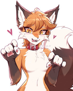 5_fingers ahoge anthro bangs black_nose blush brown_markings cheek_tuft chest_tuft claws collar collar_only dipstick_tail eyebrows eyelashes facial_tuft fangs female fingers fur hair heart_symbol markings navel nude open_mouth orange_body orange_fur orange_hair pawpads pink_pawpads pink_tongue red_collar short_hair simple_background solo tail tail_markings teeth tongue tongue_out tuft white_background white_body white_eyebrows white_fur 3rdperson_iz canid canine fox mammal red_fox true_fox colored digital_drawing_(artwork) digital_media_(artwork) hi_res shaded