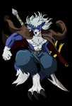 3_toes abs anthro belt blue_body blue_fur bottomwear chain chest_tuft claws cloak clothed clothing digitigrade dipstick_tail feet finger_claws fur gloves_(marking) grey_body grey_fur grey_hair hair jumping leg_markings male mane markings multicolored_tail muscular muscular_male nipples pants scar socks_(marking) solo tail tail_markings toe_claws toes tuft weapon white_body white_fur bluewollvieh bandai_namco digimon bancholeomon banchowollviehmon canid canine canis digimon_(species) hybrid mammal wolf lance_(disambiguation) alpha_channel hi_res